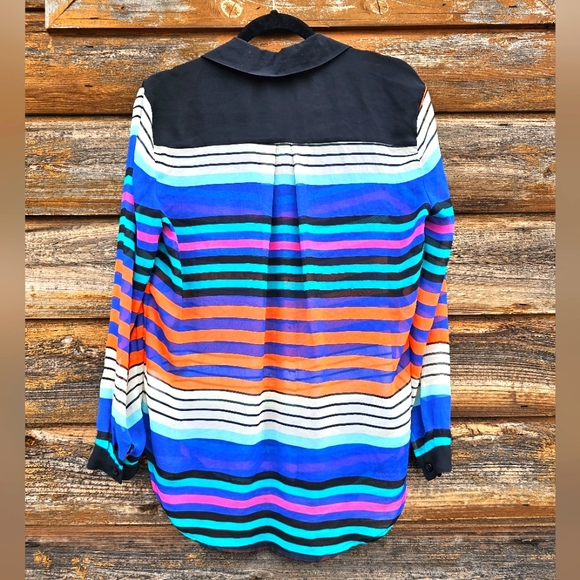 Bisou Bisou Bold Bright Colorful Striped Chiffon Sheer Button up Blouse Top - Picture 4 of 13